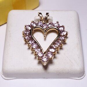 Estate 2ctw Round Bright Pink CZ 1 1/8" Open Heart 10Kt Yellow Gold Pendant22573
